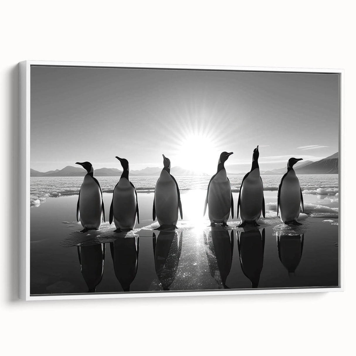 Framed wall art featuring a side view of a whimsical penguin design on a white background, ideal for animal lovers and kids' room decor. Perfect for adding a playful touch to home interiors.
