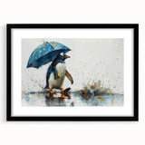 Framed wall art featuring a colorful penguin design from a wildlife collection, set against a sleek black mat, perfect for enhancing home decor with a touch of nature.
