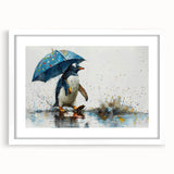 Framed wall art showcasing a playful penguin design in a white mat, perfect for children's rooms or nature-themed decor, adding a whimsical touch to any space.