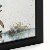 Close-up of a framed canvas wall art featuring a vibrant penguin design from the 'Animals A Wild Life' collection, showcasing intricate details and colors. This artwork adds a playful touch to any room decor.