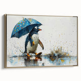 Framed wall art featuring a whimsical penguin design in a gold frame, showcasing vibrant colors and playful details, perfect for animal lovers and home decor.