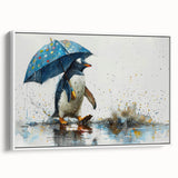Framed wall art showcasing a side view of a whimsical penguin design on a white background, perfect for children's rooms or winter-themed decor.
