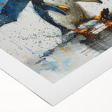 Colorful rolled canvas featuring a whimsical penguin design from the "Animals of the Wild" collection, showcasing vibrant blues and whites against a textured background, ideal for children's rooms or playful decor.