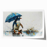 Charming wall art print featuring a playful penguin design against a vibrant blue background, perfect for adding a whimsical touch to any room decor.