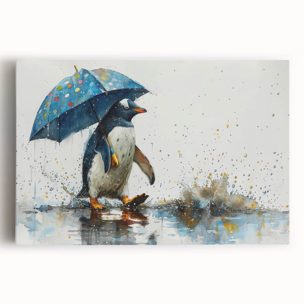 Close-up of a stretched canvas featuring a vibrant penguin design from the "Animals of the Wild" collection, showcasing detailed colors and textures, perfect for animal lovers and home decor enthusiasts.