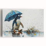 Close-up of a stretched canvas featuring a vibrant penguin design from the "Animals of the Wild" collection, showcasing detailed colors and textures, perfect for animal lovers and home decor enthusiasts.