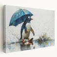 Stretched canvas wall art showcasing a vibrant penguin design, featuring bold colors and intricate details, perfect for wildlife enthusiasts and modern decor.