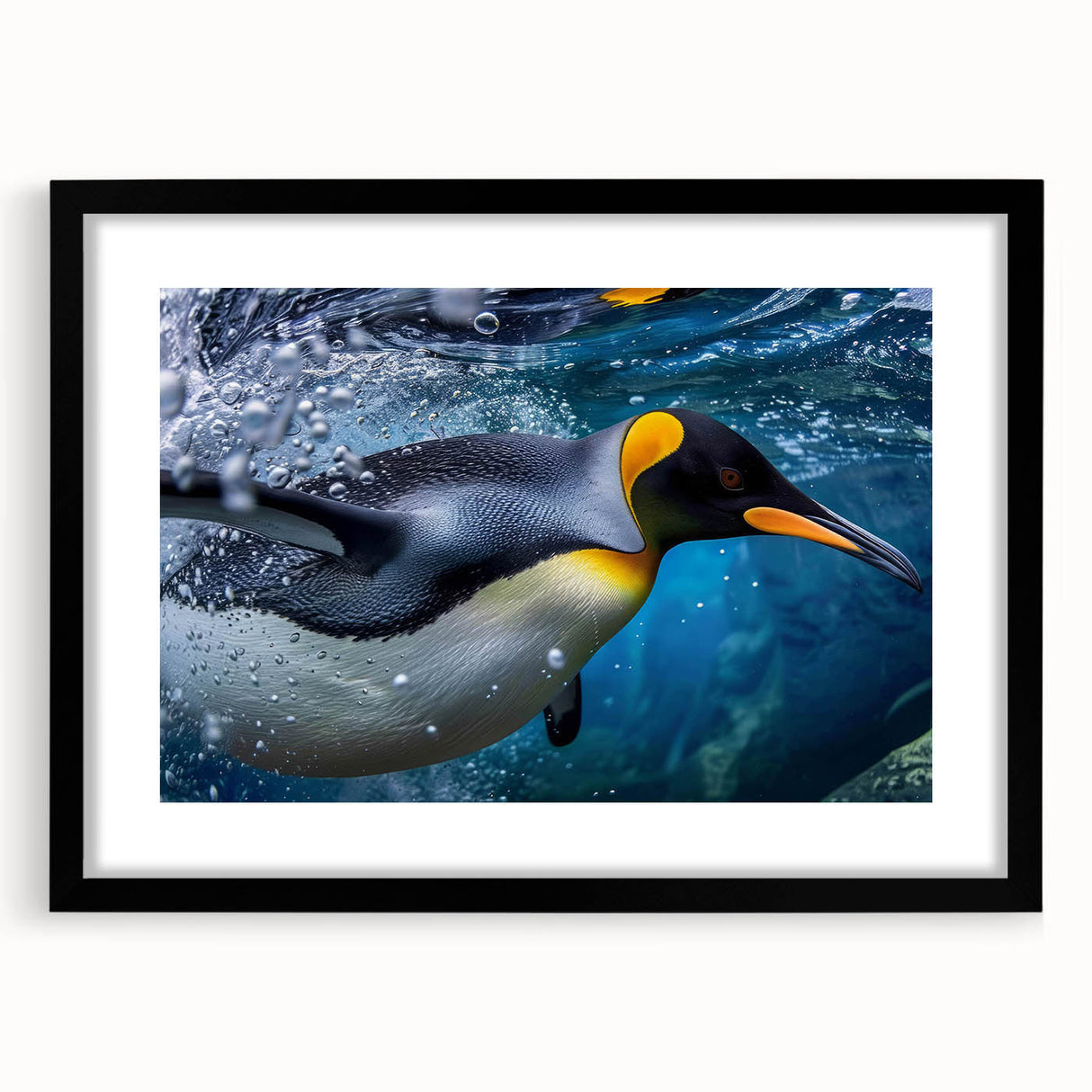 Framed wall art featuring a minimalist black and white penguin design, set against a crisp white background, perfect for modern home décor and animal lovers.