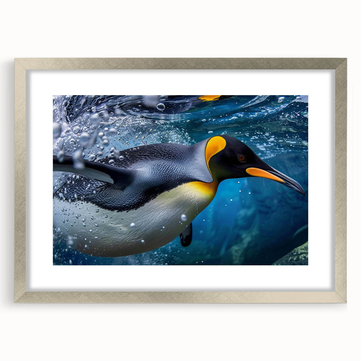 Framed wall art featuring a penguin design from the "Animals A Wild Life" collection, presented in a silver frame with a mat, ideal for modern home decor.