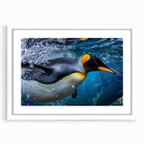 Framed wall art featuring a penguin design in a white mat, showcasing a minimalist aesthetic ideal for modern home decor, perfect for animal lovers and art enthusiasts.