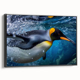 Framed wall art featuring a black and white penguin design, showcasing a side view of the animal against a minimalist background, ideal for modern decor.