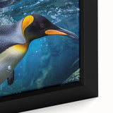 Close-up of a framed canvas wall art featuring a detailed illustration of a penguin, showcasing vibrant colors and intricate textures, ideal for animal lovers and home decor enthusiasts.