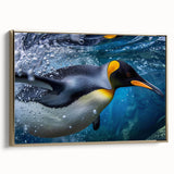 Framed wall art featuring a side view of a stylish penguin design, set against a sleek gold background, perfect for modern decor enthusiasts.