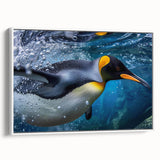 Framed canvas wall art showcasing a playful penguin design, set against a white background, ideal for children's rooms or animal-themed decor.