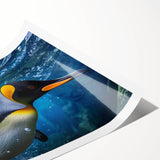 Penguin-themed wall art print showcasing a vibrant design featuring playful penguins in a snowy landscape, ideal for animal lovers and home decor enthusiasts.