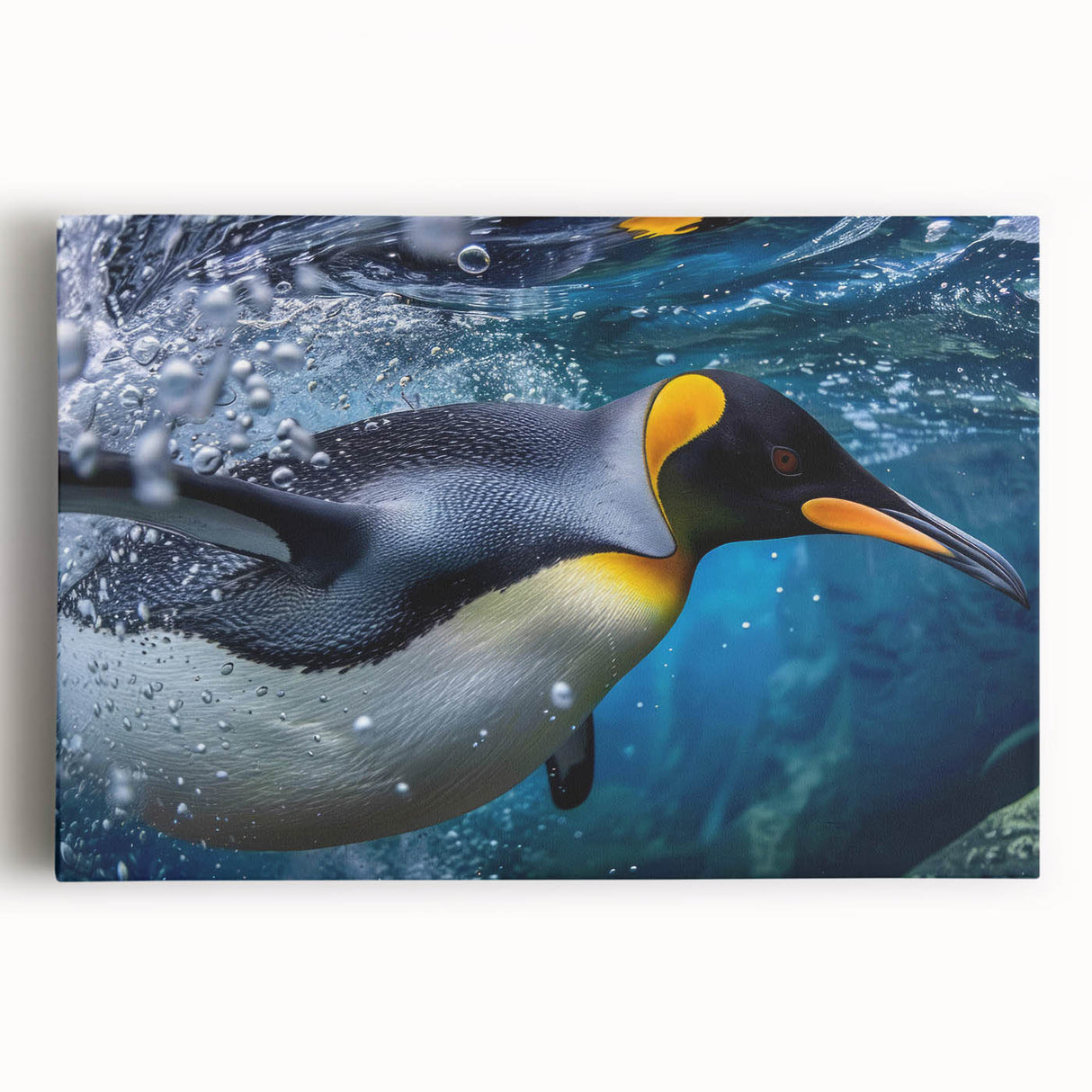 Stretched canvas featuring a vibrant penguin design from the "Animals of the Wild" collection, showcasing detailed illustrations in a front view, perfect for nature-themed decor.