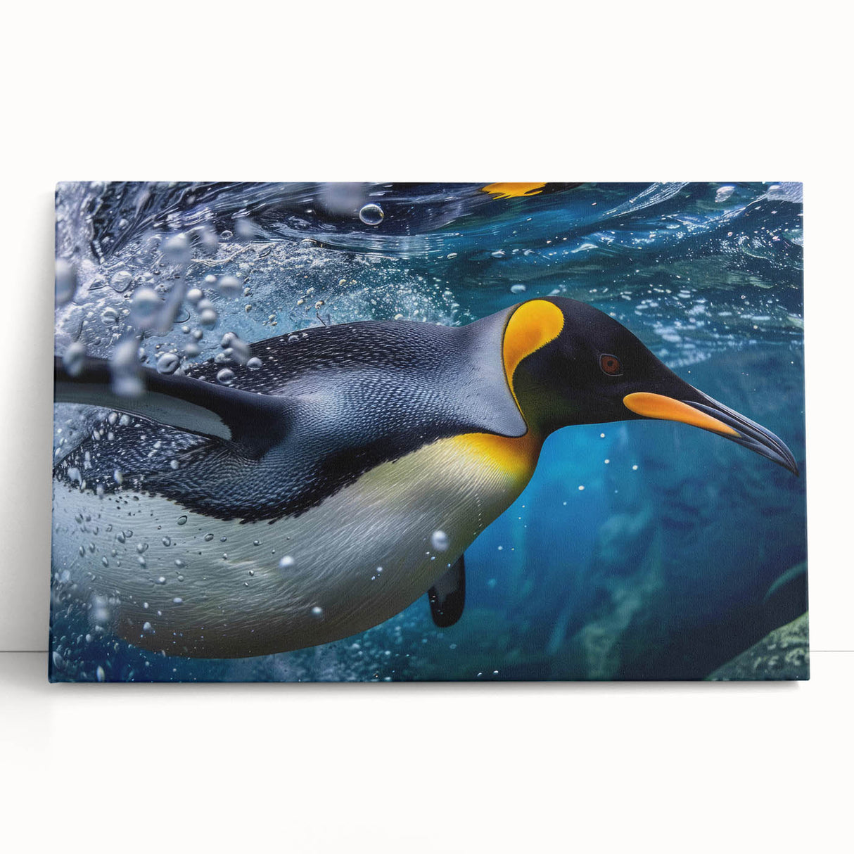 Stretched canvas wall art showcasing a vibrant penguin design, featuring bold colors and intricate details, ideal for enhancing any modern home decor.