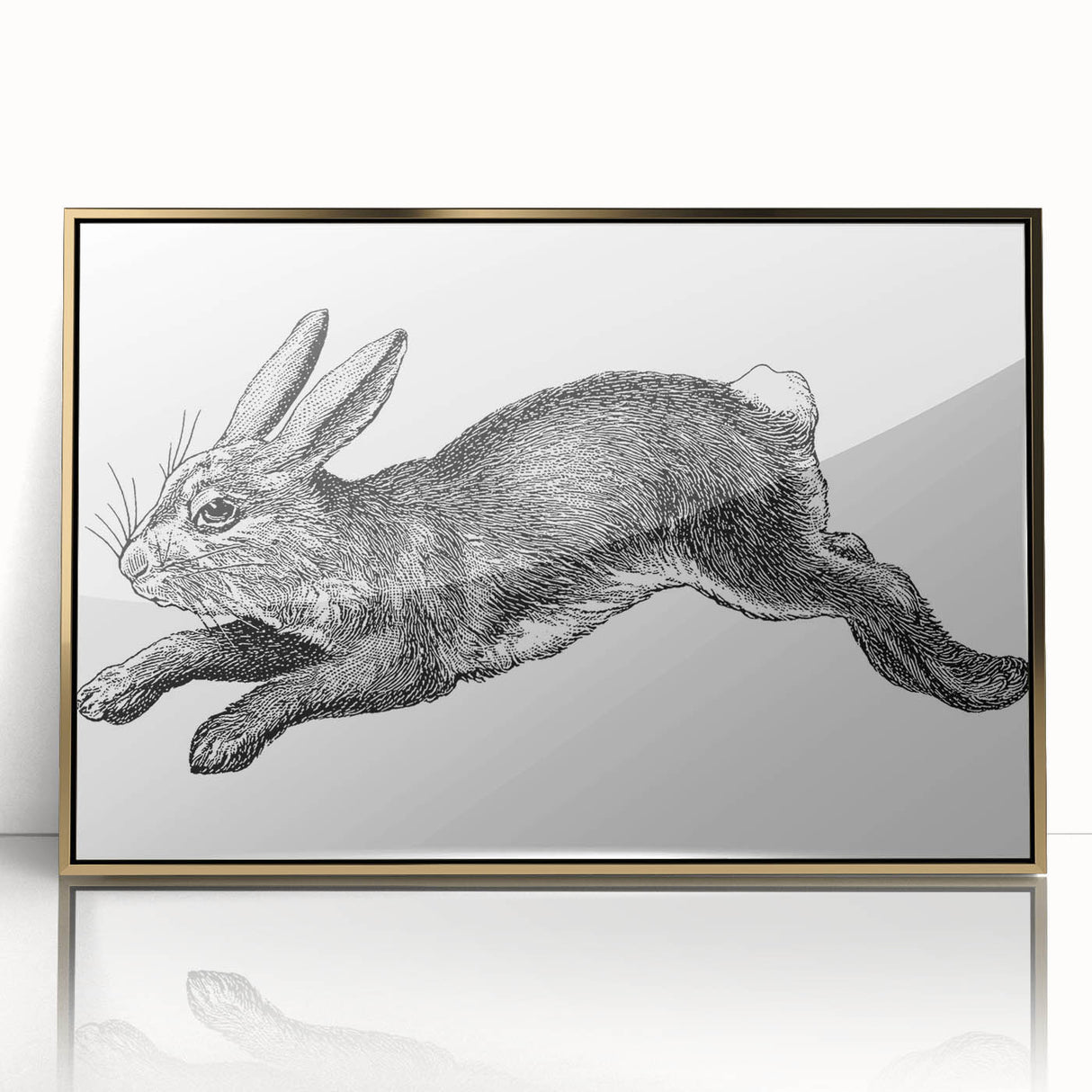 Framed wall art featuring a whimsical rabbit design in vibrant colors, accented with a gold border, perfect for adding a playful touch to home decor.
