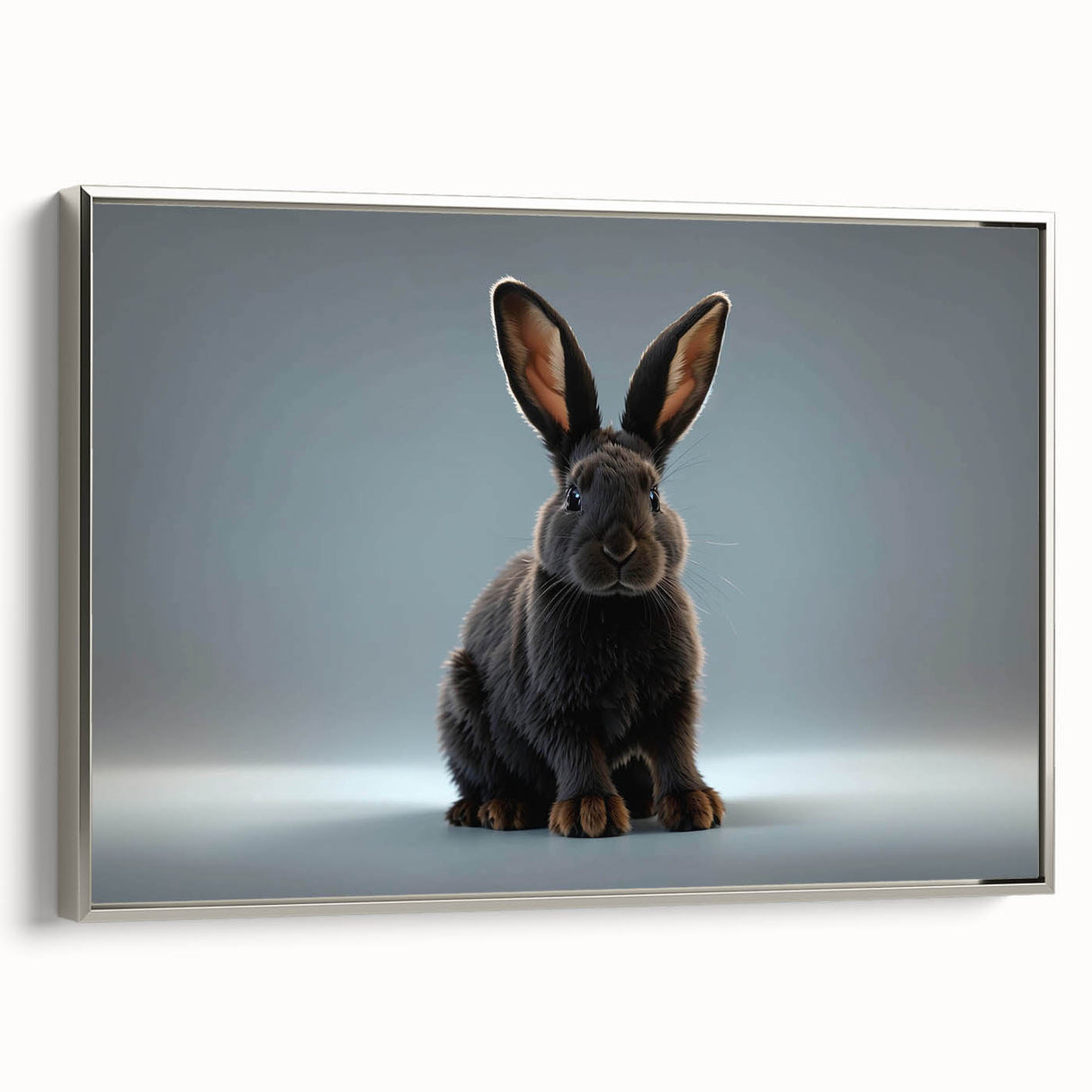 Framed wall art featuring a sleek silver design of a rabbit in a wild life theme, showcasing intricate details and a modern aesthetic perfect for animal lovers.