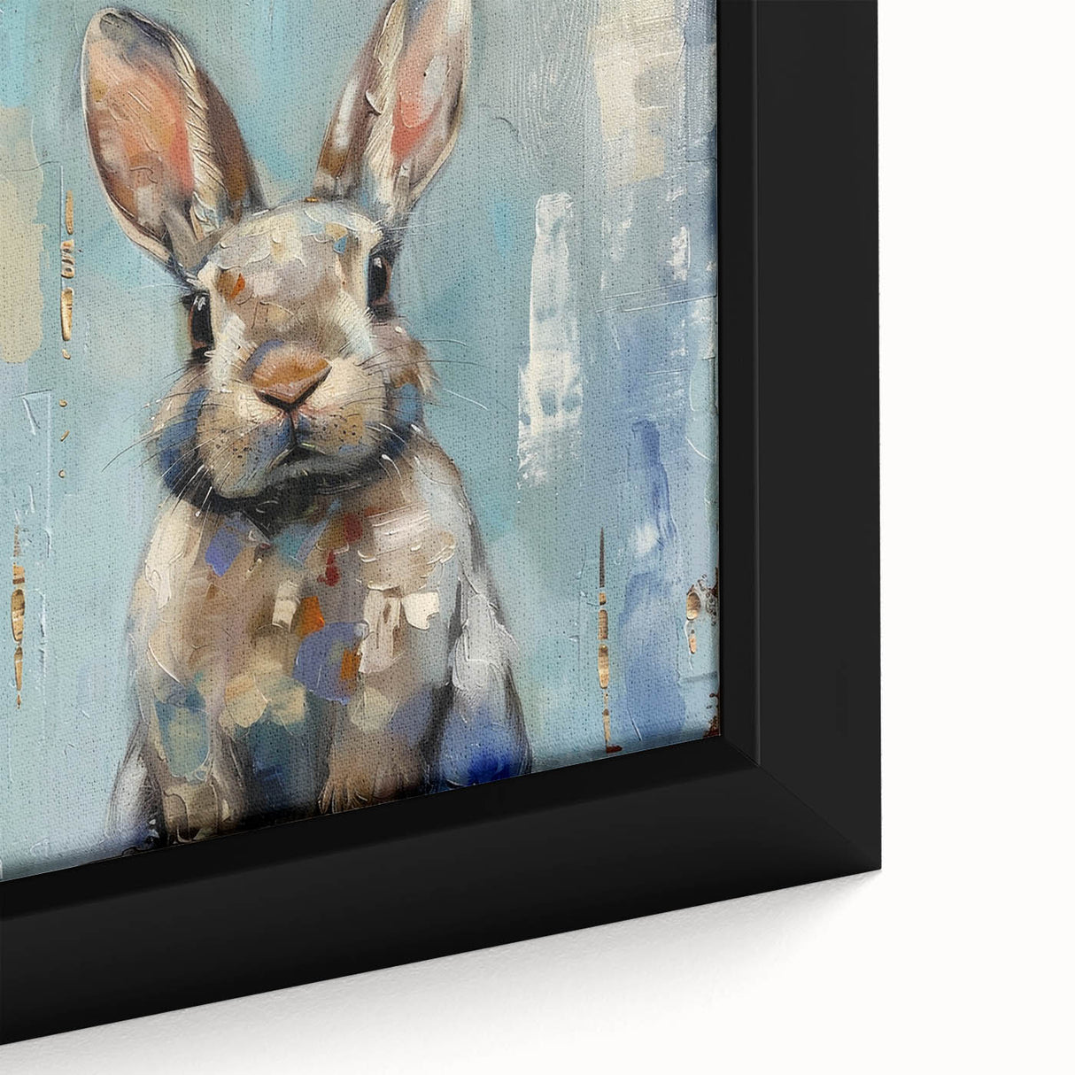 Close-up of a framed canvas artwork depicting a whimsical rabbit design, featuring soft colors and intricate details, perfect for children's room decor.