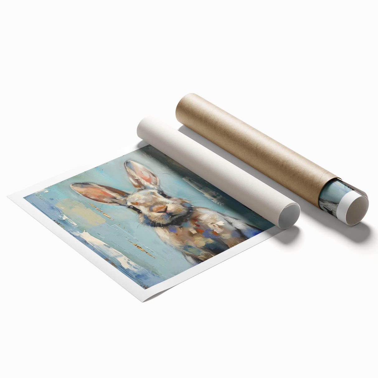 Rolled print of a whimsical rabbit design from the Wild Life collection, showcasing vibrant colors and intricate details, ideal for children's room decor.