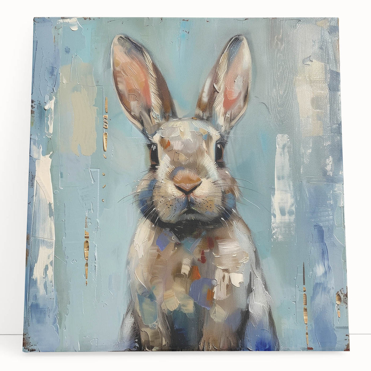Vibrant rabbit wall art design on stretched canvas, showcasing a whimsical illustration in soft pastel colors, perfect for enhancing playful home decor.