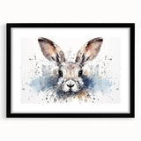 Black-framed wall art featuring a whimsical rabbit design, ideal for animal lovers, showcasing vibrant colors with a modern aesthetic, perfect for home decor.
