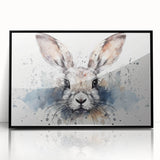 Framed wall art featuring a stylized rabbit design, showcased in a sleek black frame with acrylic glass, perfect for animal lovers and modern decor.