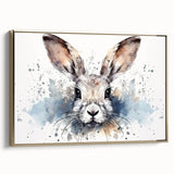 Framed wall art featuring a whimsical rabbit design in soft pastels, set against a gold background, perfect for children's rooms or animal-themed decor.
