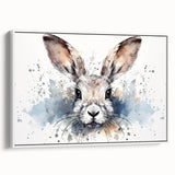 Framed canvas wall art featuring a whimsical rabbit design in a modern style, set against a white background, ideal for animal lovers and children's decor. The artwork adds a playful touch to any room, enhancing the aesthetic with its vibrant colors and charming details.