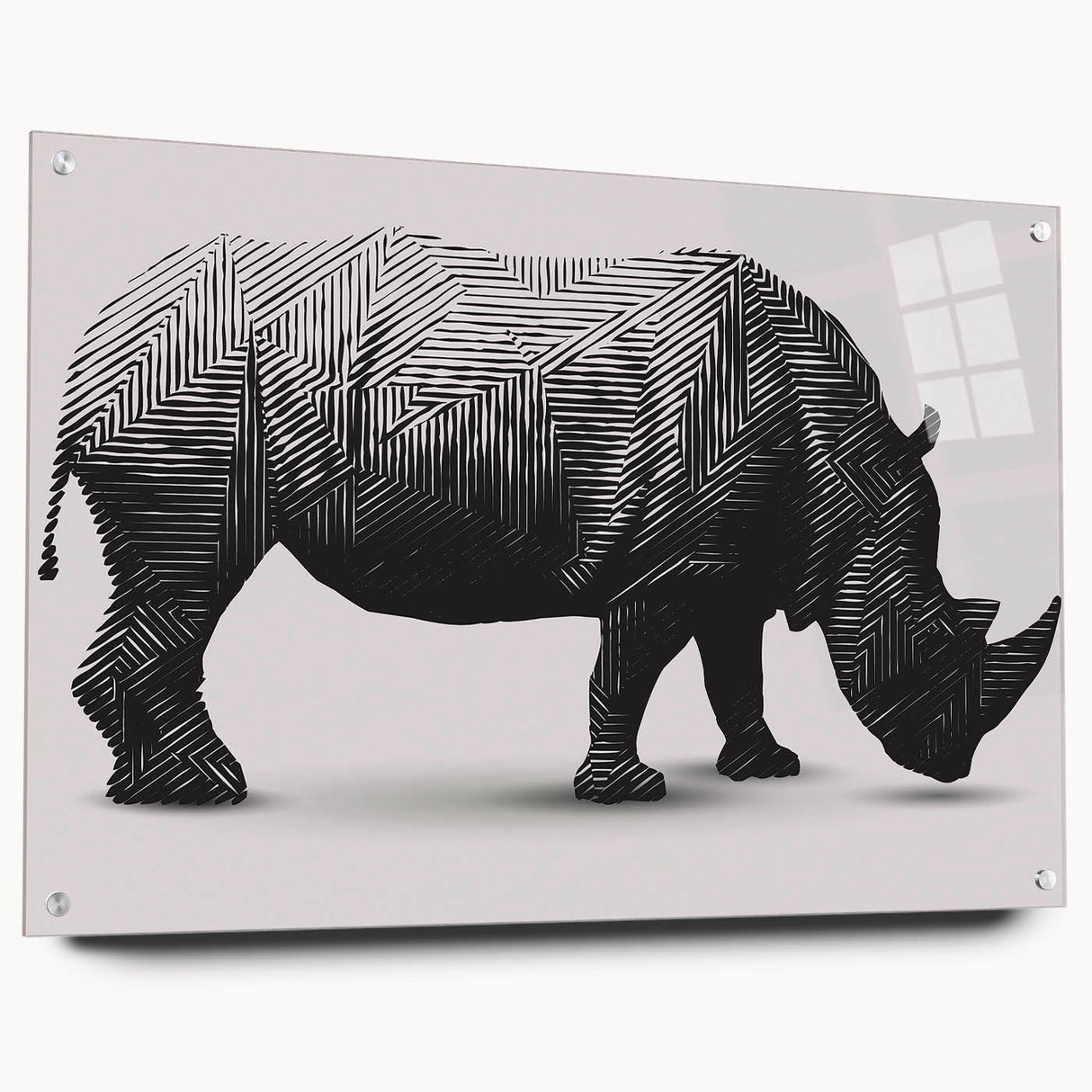 Side view of a striking rhinoceros design wall art piece, crafted from acrylic glass, showcasing intricate details and vibrant colors. Perfect for wildlife enthusiasts and home decor.