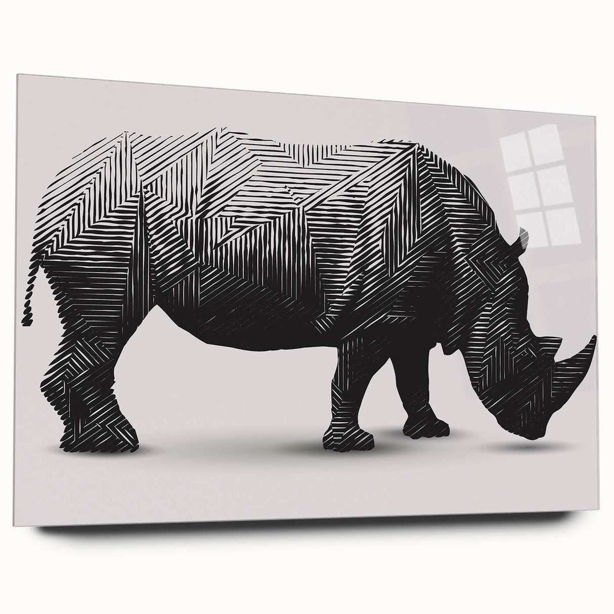 Side view of a contemporary acrylic glass wall art featuring a stunning rhinoceros design, ideal for wildlife enthusiasts, adding a vibrant touch to any space.