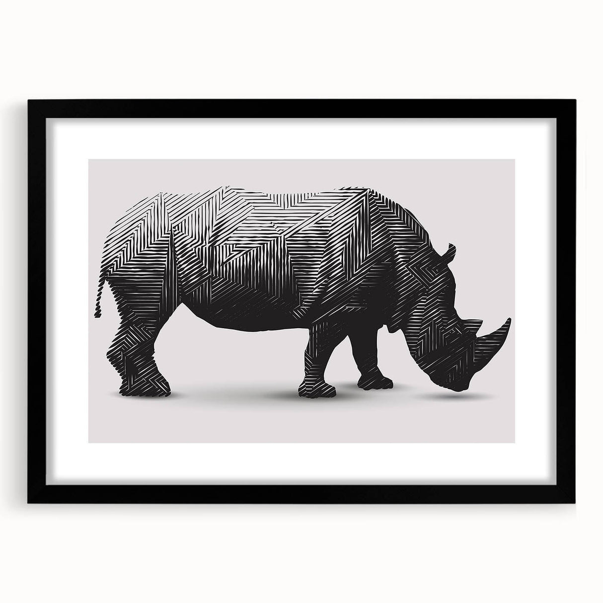 Black-framed wall art showcasing a striking rhinoceros design, set against a clean background, perfect for wildlife enthusiasts and modern home decor.