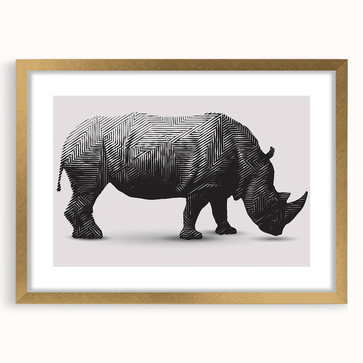 Front view of a framed wall art piece showcasing a stylized rhinoceros design, featuring a gold mat and intricate details, perfect for wildlife enthusiasts.
