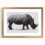 Front view of a framed wall art piece showcasing a stylized rhinoceros design, featuring a gold mat and intricate details, perfect for wildlife enthusiasts.