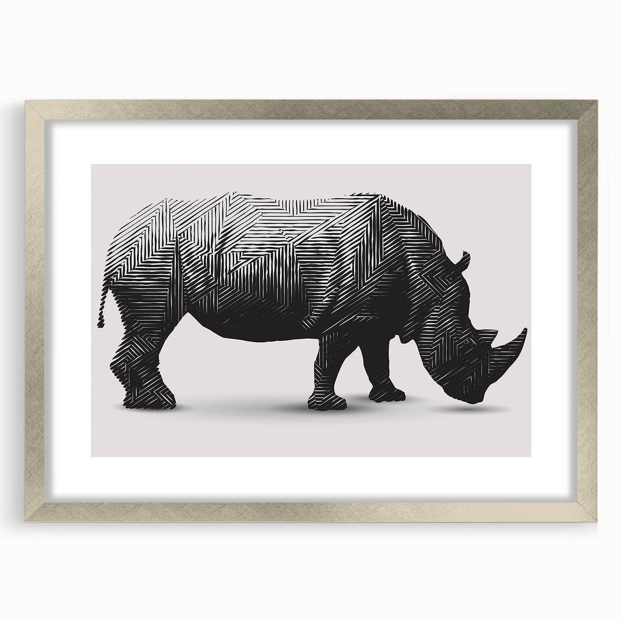 Rhinoceros wall art design framed in silver with a mat, showcasing intricate details and textures, perfect for wildlife enthusiasts and modern decor.