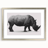 Rhinoceros wall art design framed in silver with a mat, showcasing intricate details and textures, perfect for wildlife enthusiasts and modern decor.