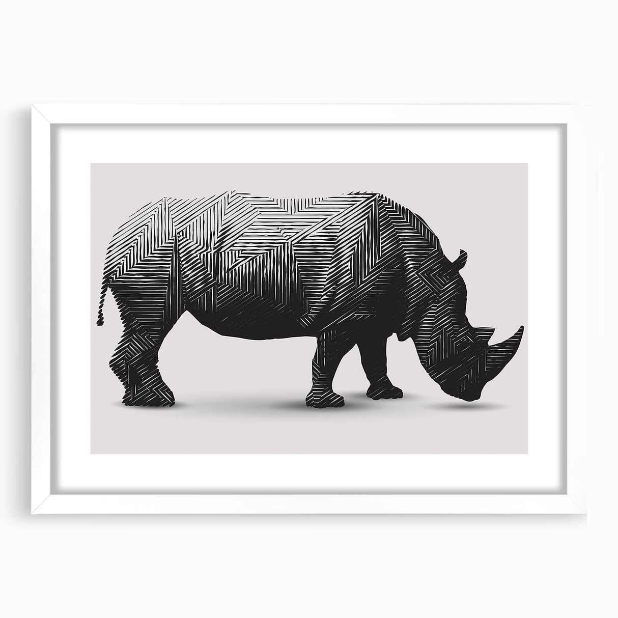 Framed wall art showcasing a striking rhinoceros design, featuring a white mat and sleek frame, perfect for enhancing modern decor and animal-themed interiors.