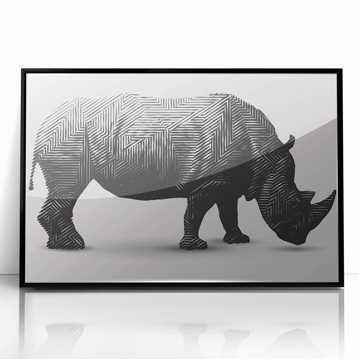 Framed wall art showcasing a striking black and white design of a rhinoceros, ideal for wildlife enthusiasts, adding a modern touch to home decor.