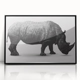 Framed wall art showcasing a striking black and white design of a rhinoceros, ideal for wildlife enthusiasts, adding a modern touch to home decor.