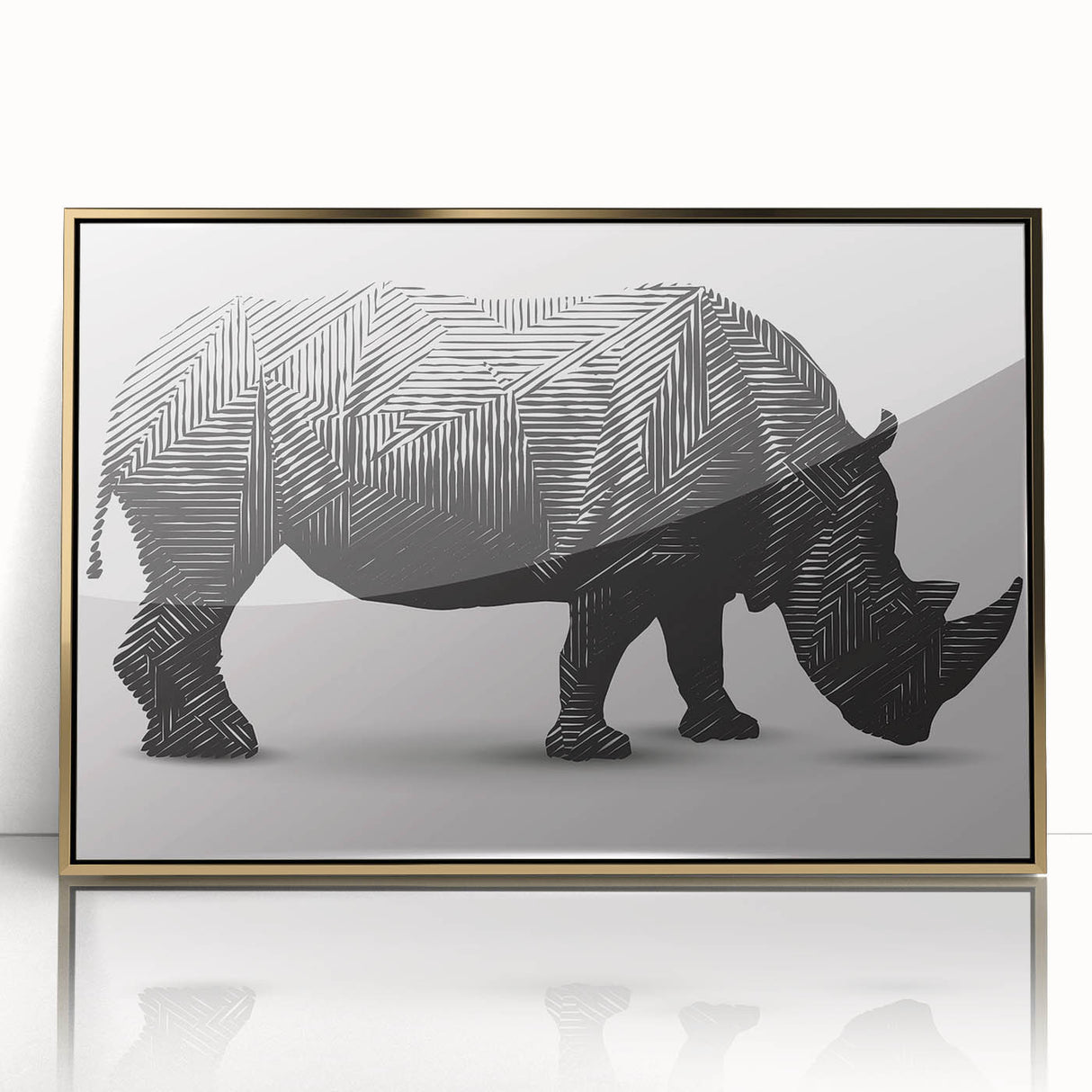 Framed wall art showcasing a striking gold-accented rhinoceros design, depicting the majestic animal in a front view, perfect for wildlife enthusiasts and home decor.