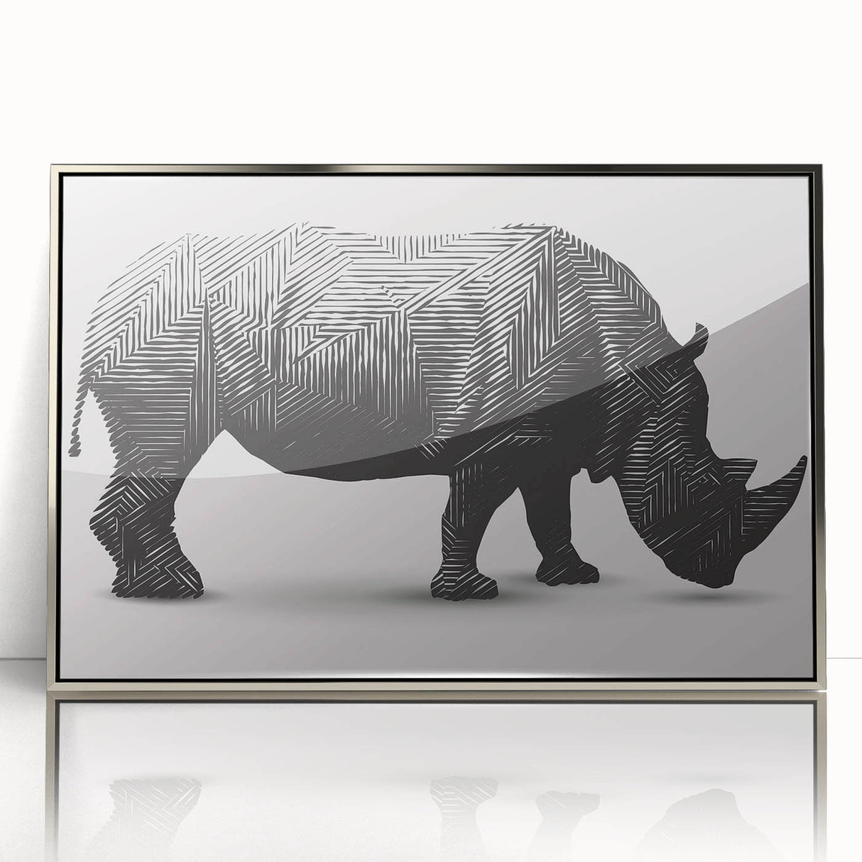 Framed wall art depicting a majestic rhinoceros in a stylized design, showcasing intricate details and a silver acrylic finish, perfect for wildlife enthusiasts.