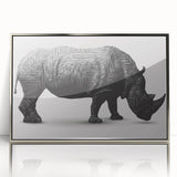Framed wall art depicting a majestic rhinoceros in a stylized design, showcasing intricate details and a silver acrylic finish, perfect for wildlife enthusiasts.