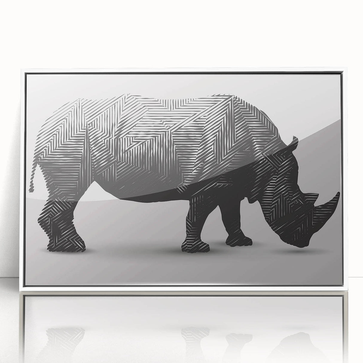 Framed acrylic wall art of a rhinoceros, showcasing detailed wildlife design in vibrant colors with a sleek white frame, perfect for animal lovers and home decor.