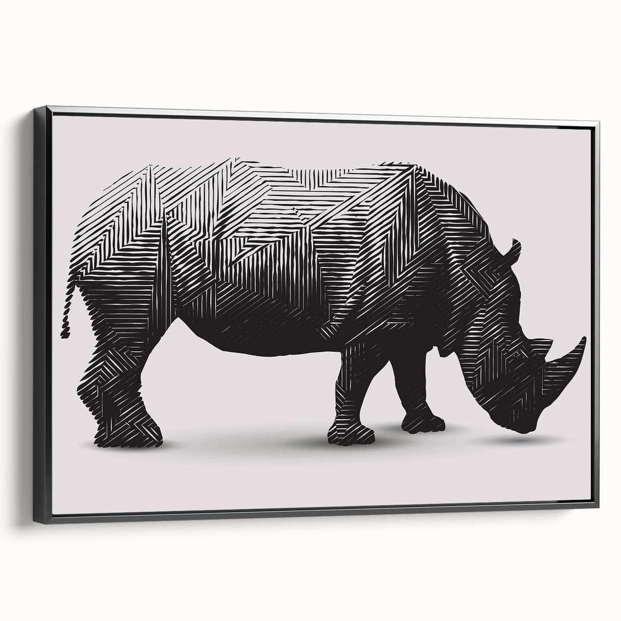 Framed wall art featuring a side view of a rhinoceros, showcasing intricate details and artistic design in black tones, ideal for wildlife enthusiasts and home decor.