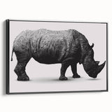 Framed wall art featuring a side view of a rhinoceros, showcasing intricate details and artistic design in black tones, ideal for wildlife enthusiasts and home decor.