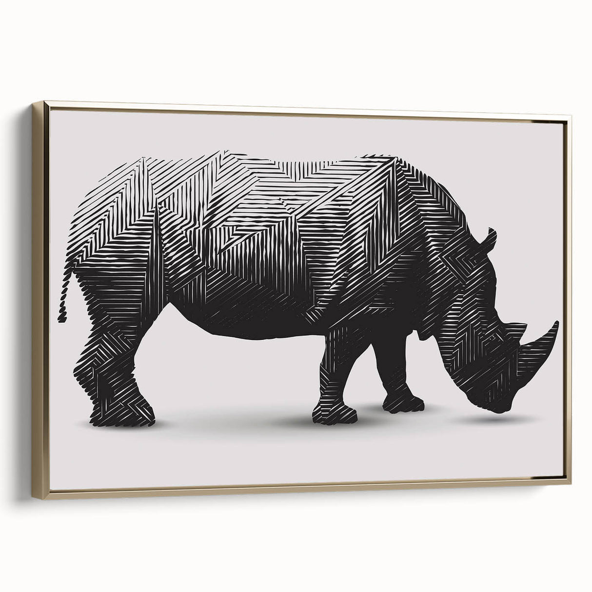 Framed wall art featuring a majestic side view of a rhinoceros, adorned with a gold design, showcasing intricate details and vibrant colors, perfect for wildlife enthusiasts.