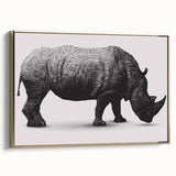 Framed wall art featuring a majestic side view of a rhinoceros, adorned with a gold design, showcasing intricate details and vibrant colors, perfect for wildlife enthusiasts.