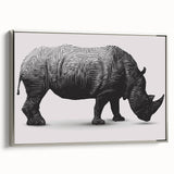 Silver-framed wall art featuring a detailed side view of a rhinoceros in a natural setting, showcasing its textured skin and majestic form, perfect for wildlife enthusiasts.