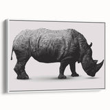 Framed canvas wall art showcasing a side view of a rhinoceros against a white background, ideal for wildlife enthusiasts and modern interior decor. The design highlights the animal's unique features, adding an elegant touch to any space while promoting conservation awareness.